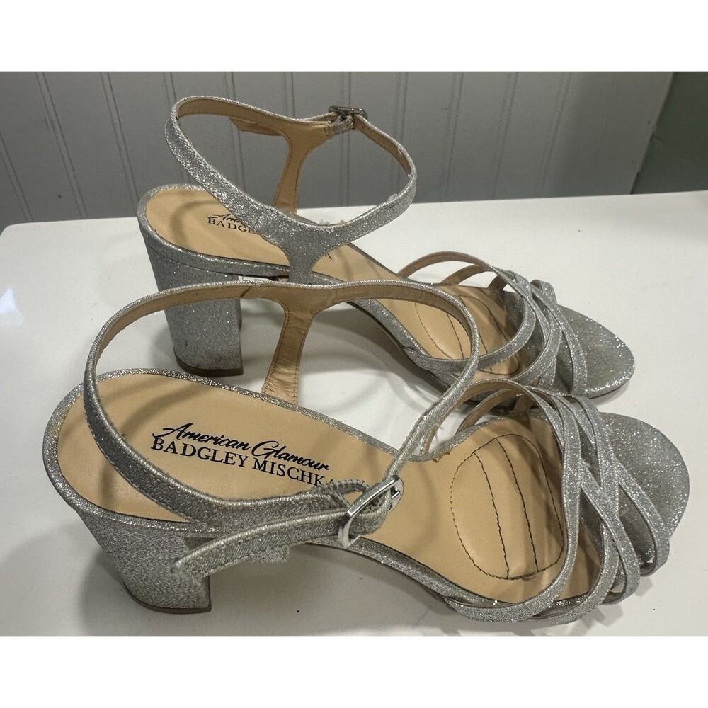 American Glamour Badgley Mischka Sparkly Silver Strappy Heels Shoes Size 8.5